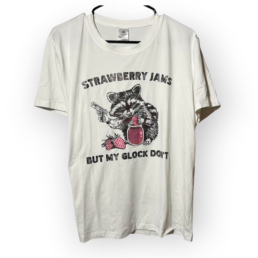 Strawberry Jams Raccoon T-Shirt XL White‎ Graphic Tee Funny Humor